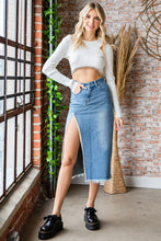 Med Wash Front And Back Slit Denim Long Skirt