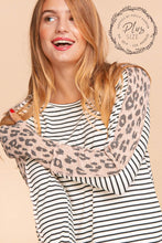 Ivory/Black/Blush Plus Stripe Leopard Print Thumb Hole Knit Top