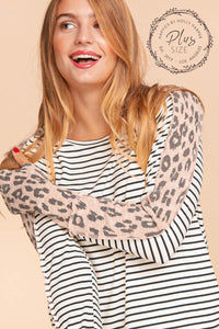 Ivory/Black/Blush Plus Stripe Leopard Print Thumb Hole Knit Top