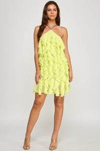 Lemon Ruffle With Gold Chain Mini Dress