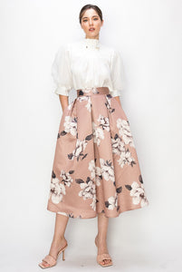 Cappuccino High Waist Floral Print Pleated Midi Skirt