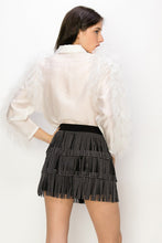 Off White Shimmer Long Sleeve Neck Ribbon Button Down Top