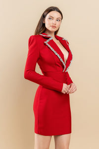 Wine Jewel Stoned Collar Detail Back Open Dress