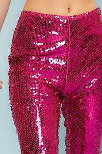 Fuchsia Side Zipper Hem Feather Trim Sequin Wide Leg Pants