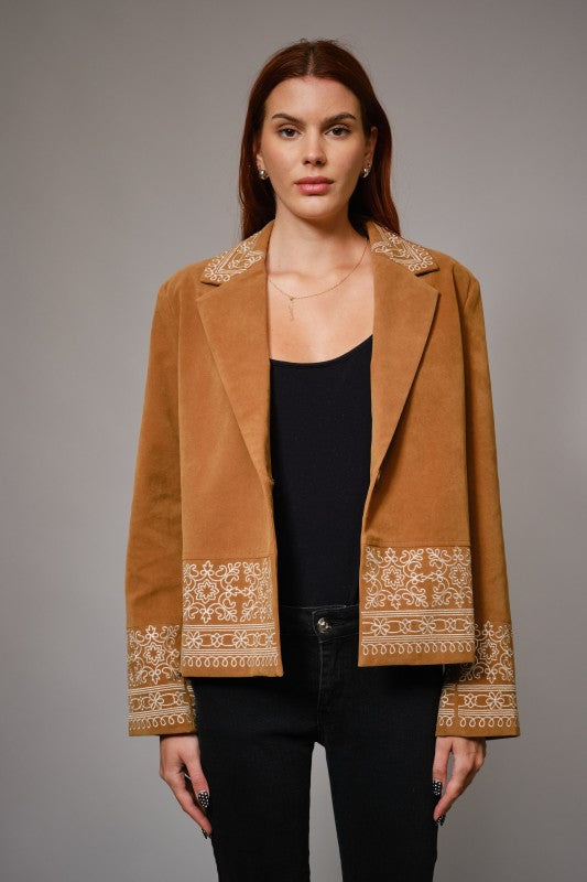 Camel Faux Suede Embroidered Jacket