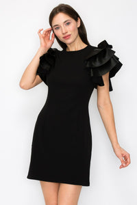 Black Faux Leather Ruffled Sleeves Stretch Mini Dress