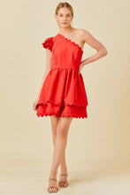 Red One Shoulder Scallop Edge Trim Solid Dress