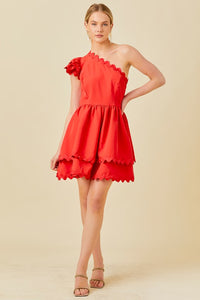 Red One Shoulder Scallop Edge Trim Solid Dress