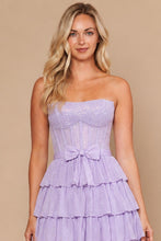 Lavender Corset Tiered Glitter Mini Dress With Waist Bow
