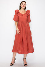 Clay Short Puff Sleeve Pleated Ruffle Trim Midi Dress