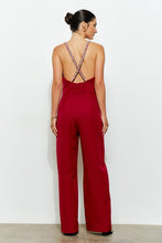 Burgundy Crystal Trim Deep V Cross Back Jumpsuit