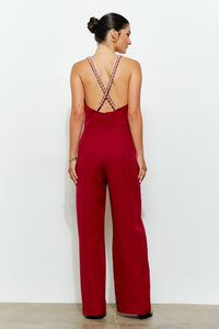 Burgundy Crystal Trim Deep V Cross Back Jumpsuit