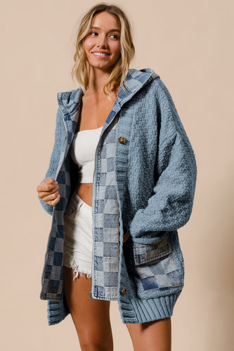Denim Washed Checker Denim Zip Up Sweater Cardigan
