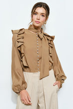 Mocha Soft Wool Blouse With Bow Tie & Pearl Buttons