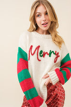 Ivory Merry Letter Stripe Trim Oversize Sweater