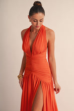 Orange Seraphina Ruched Mesh Halter Maxi Dress