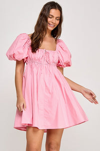 Pink Square Neck Bubble Sleeve Mini Dress