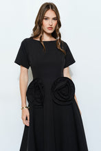 Black Elegant Rose Applique A-line Midi Dress