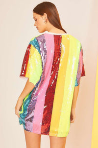 Neon Rainbow Color Block Sequin Tunic Top