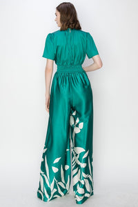 Ht.Green V Neck Leaf Printed Wide Jumpsui