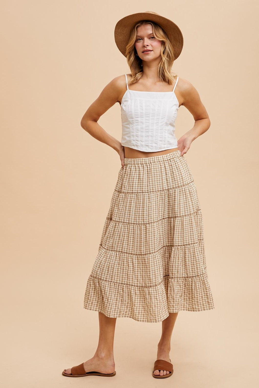 Brown Sugar Embroidered Tartan Elastic Midi Skirt