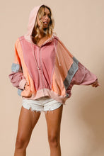 Marsala/Peach Raw Edge Color Block Washed Terry Zip Up Hoodie