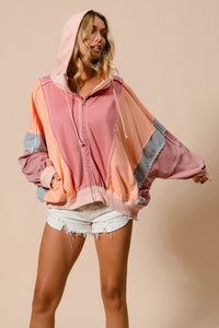 Marsala/Peach Raw Edge Color Block Washed Terry Zip Up Hoodie