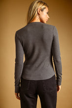 Charcoal Half Snap Button Waffle Fabric Long Sleeve Top