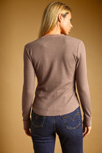 Chocolate Half Snap Button Waffle Fabric Long Sleeve Top