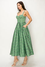 Green/White Satin Trellis Print Bustier Flared Midi Dress