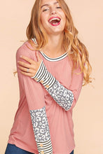 Mauve/Grey/Ivory Rib Leopard Print Stripe Color Block Knit Top