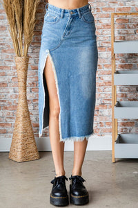 Med Wash Front And Back Slit Denim Long Skirt