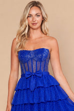 Royal Corset Tiered Glitter Mini Dress With Waist Bow
