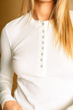 Off White Half Snap Button Waffle Fabric Long Sleeve Top