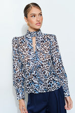 White/Blue Leopard High Neck Long Sleeve Blouse