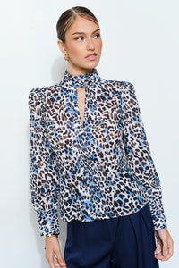 White/Blue Leopard High Neck Long Sleeve Blouse