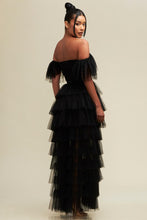 Black Off S Shirred Ruffle Maxi Dress