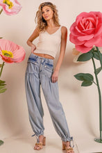 Lt Denim Washed Denim Wide Leg Pants With Tie Hem Detail