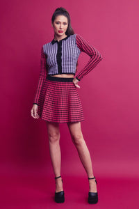 Pink Multi Knit Houndstooth Colorblock Cardigan Skirt Set