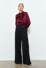 Wine Chic Satin Ruffled Jeweled Bell Sleeves Blouse Top