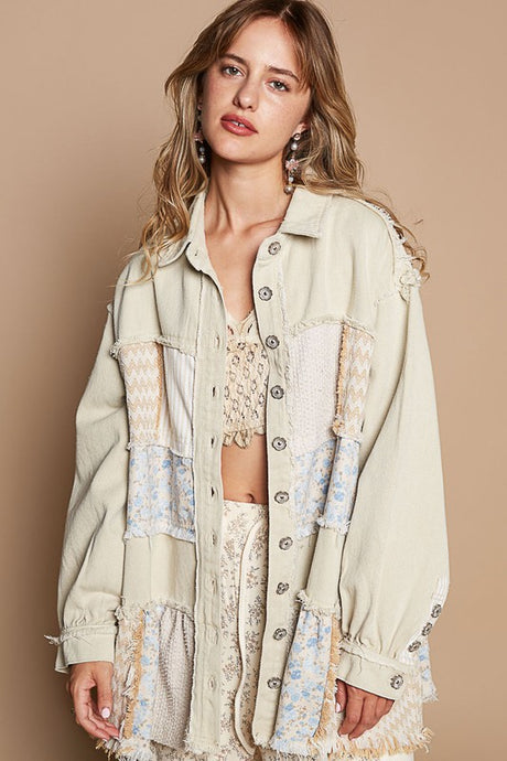 Sand Beige Oversize Balloon Sleeve Mix Fabrication Jacket