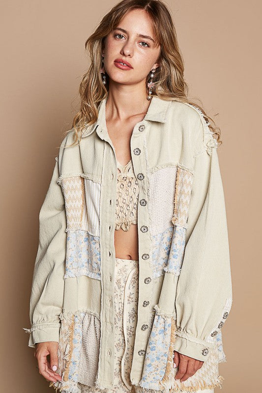 Sand Beige Oversize Balloon Sleeve Mix Fabrication Jacket