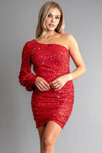 Red Womens Multi Color Sequin One Shoulder Mini Dress