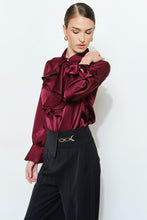Wine Chic Satin Ruffled Jeweled Bell Sleeves Blouse Top