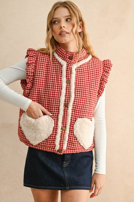 Red Gingham Pattern Sherpa Pocket Vest