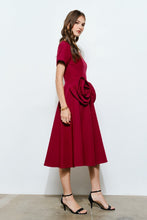 Burgundy Elegant Rose Applique A-line Midi Dress