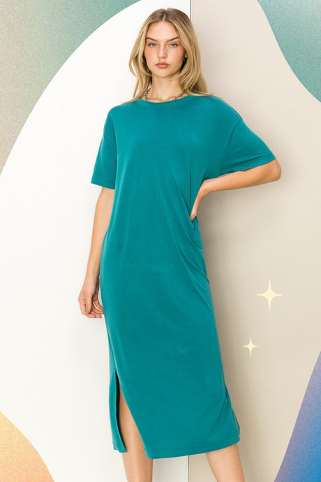 Teal Take A Stroll Side Slit T-Shirt Midi Dress