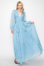 Blue Long Puff Sleeves Shimmer Fabric Side Cut-Out Maxi