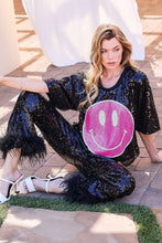 Black Side Zipper Hem Feather Trim Sequin Wide Leg Pants