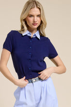 Navy Striped Collar Short Sleeve Knit Top
